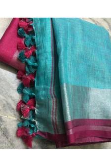 Blue Woven Linen Saree With Blouse