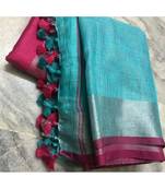 Blue Woven Linen Saree With Blouse