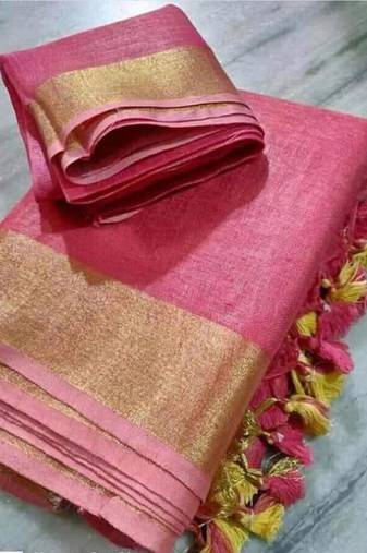 Pink Woven Linen Saree With Blouse