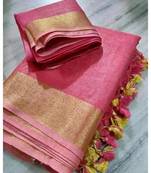 Pink Woven Linen Saree With Blouse