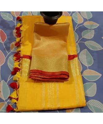 Yellow Woven Linen Saree With Blouse 1