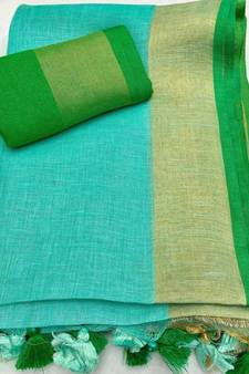 Sky Blue Woven Linen Saree With Blouse