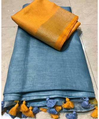 Grey  Woven Linen Saree With Blouse 1