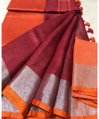 Maroon Woven Linen Saree With Blouse 1