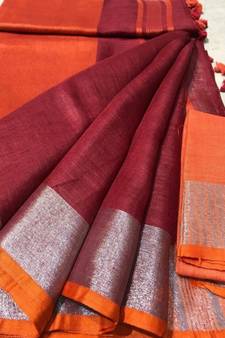 Maroon Woven Linen Saree With Blouse