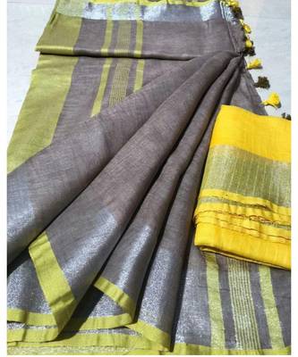 Grey  Woven Linen Saree With Blouse 1