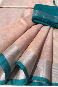 Peach Woven Linen Saree With Blouse