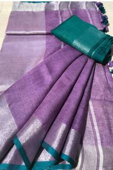 Purple Woven Linen Saree With Blouse