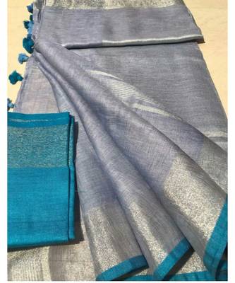 Grey  Woven Linen Saree With Blouse 1