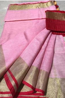 Light Pink Woven Linen Saree With Blouse