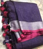 Purple Woven Linen Saree With Blouse