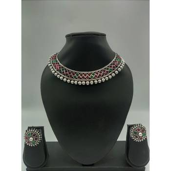 Multicolour Stone Studded Silver Plated Metallic Necklace Sets 3