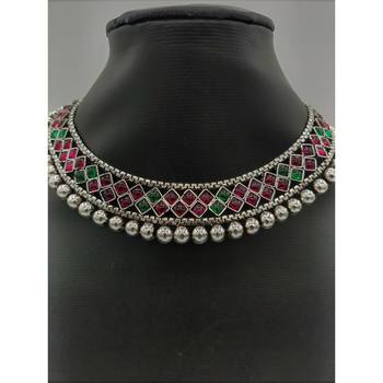 Multicolour Stone Studded Silver Plated Metallic Necklace Sets 4