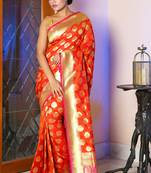 Fiery Orange Banarasi Saree With All Over Zari Work And Pink Pallu
