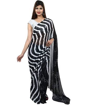 Womens  black Chiffon Printed Saree Half Bandhej & Half Lehariya with Blouse 1