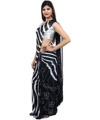Womens  black Chiffon Printed Saree Half Bandhej & Half Lehariya with Blouse 2