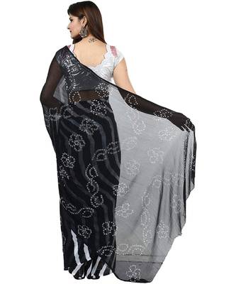Womens  black Chiffon Printed Saree Half Bandhej & Half Lehariya with Blouse 3