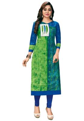 Women's Green & Blue Pure Cotton Printed Unstitched Kurti Fabric 1