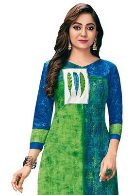 Women's Green & Blue Pure Cotton Printed Unstitched Kurti Fabric 3