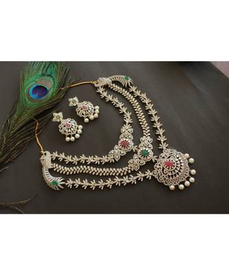 Beautiful Two Tone Multi Layer Ruby Emerald,White Stone Peacock Designer Necklace Set 1
