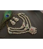 Beautiful Two Tone Multi Layer Ruby Emerald,White Stone Peacock Designer Necklace Set