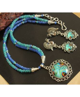 Gorgeous Blue Peacock Feather Design Agate Double Layer Necklace Set 1