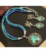 Gorgeous Blue Peacock Feather Design Agate Double Layer Necklace Set