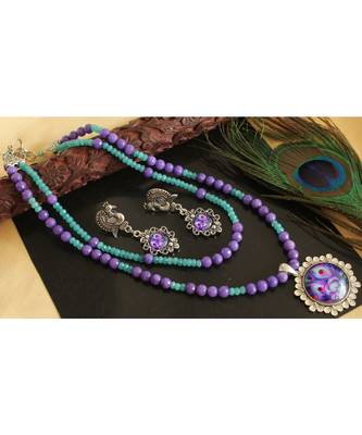 Gorgeous Purple Blue Peacock Feather Design Agate Double Layer Necklace Set 1