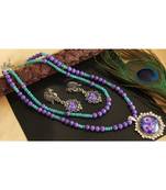 Gorgeous Purple Blue Peacock Feather Design Agate Double Layer Necklace Set