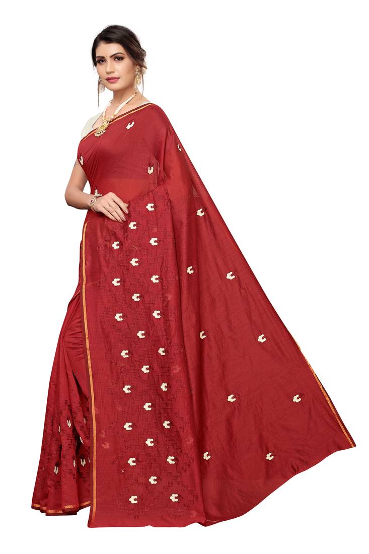 Red Embroidered Chanderi Saree With Blouse