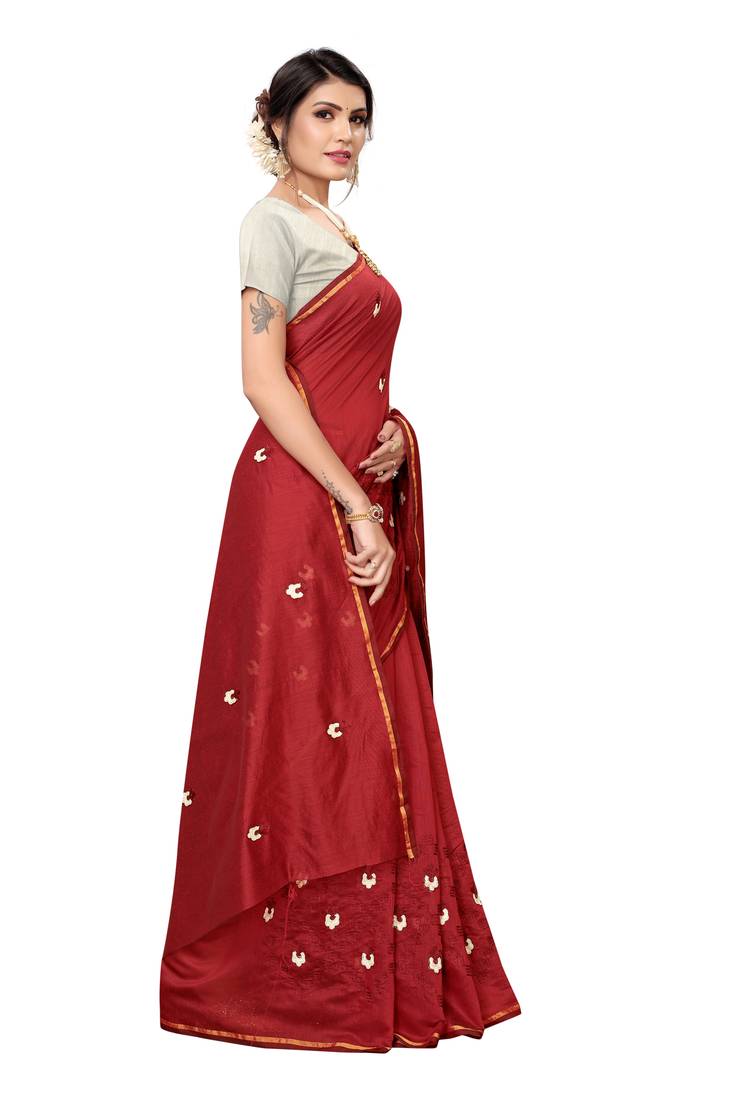Red Embroidered Chanderi Saree With Blouse