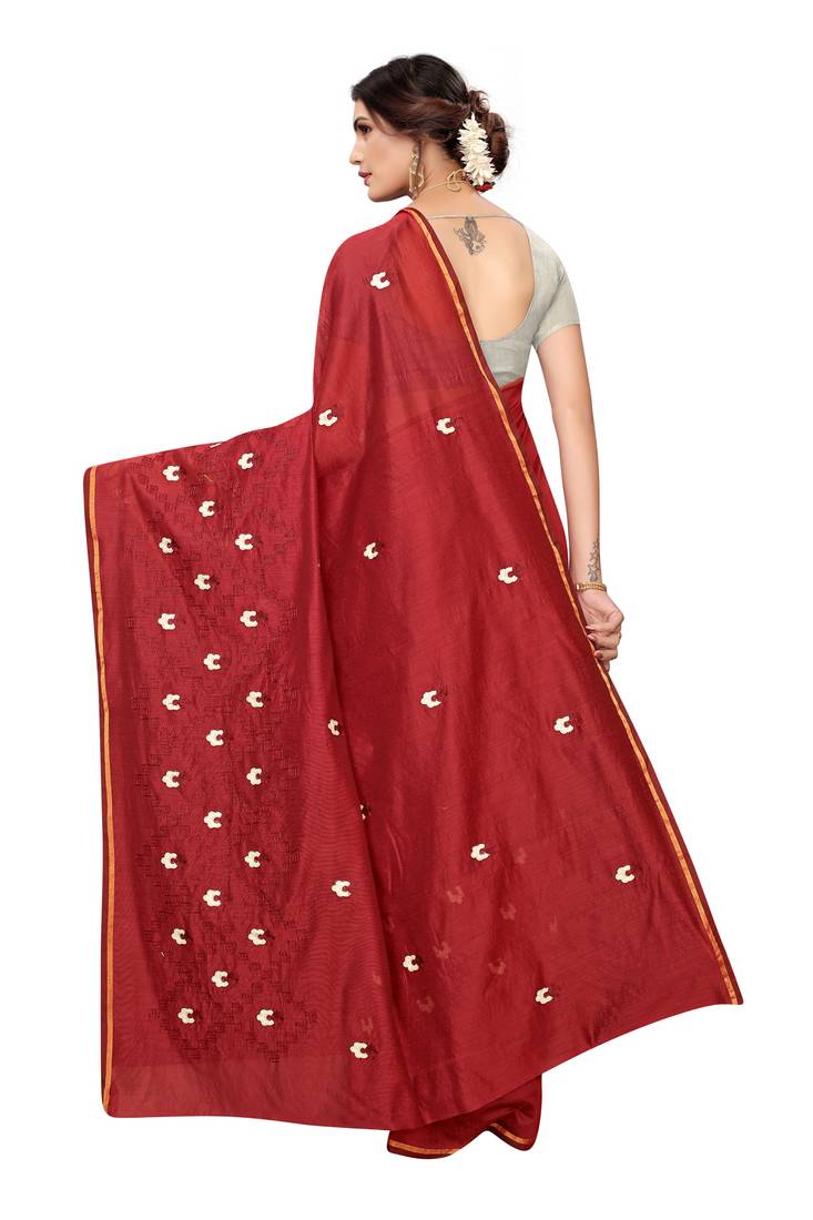 Red Embroidered Chanderi Saree With Blouse