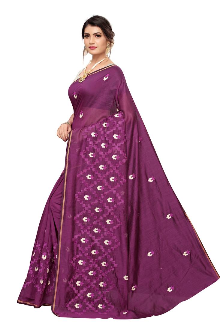 Wine Embroidered Chanderi Saree With Blouse