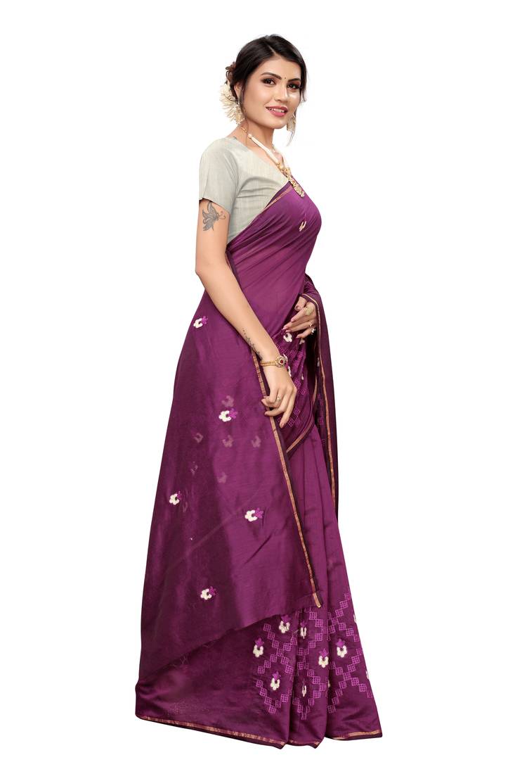 Wine Embroidered Chanderi Saree With Blouse