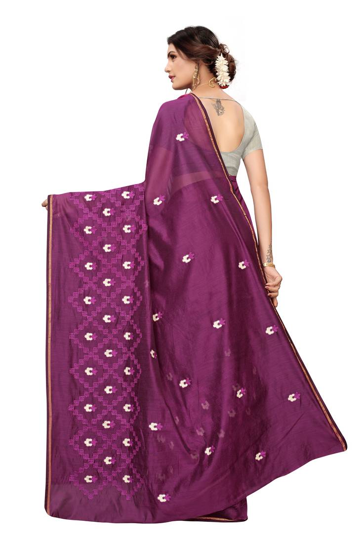 Wine Embroidered Chanderi Saree With Blouse