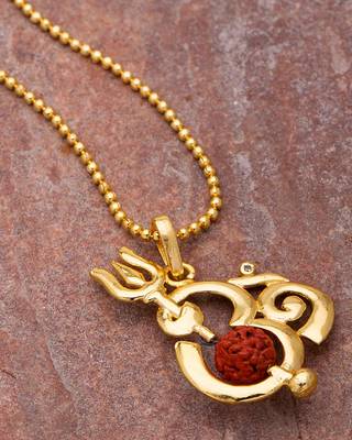 Gold Plated 'OM' Pendant Chain with Rudraksha Bead 1