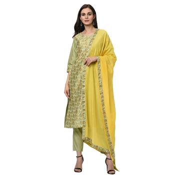 Women's Green Digital Print Straight Polysilk Kurta Dupatta Pant Set 1