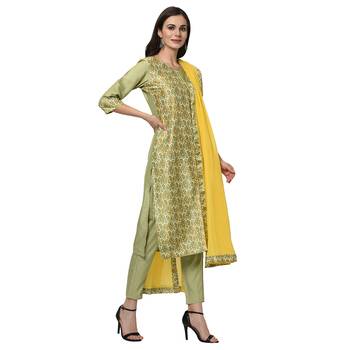 Women's Green Digital Print Straight Polysilk Kurta Dupatta Pant Set 4