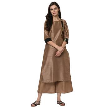 Women's Mashroom Solid Straight Polysilk Kurta Dupatta Palazzo Set 2
