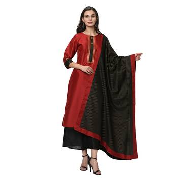 Women's Red Solid Straight Polysilk Kurta Dupatta Palazzo Set 1
