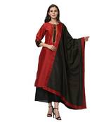 Women's Red Solid Straight Polysilk Kurta Dupatta Palazzo Set
