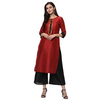 Women's Red Solid Straight Polysilk Kurta Dupatta Palazzo Set 2