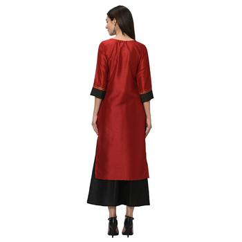 Women's Red Solid Straight Polysilk Kurta Dupatta Palazzo Set 3