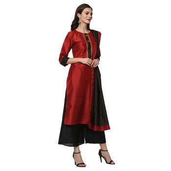 Women's Red Solid Straight Polysilk Kurta Dupatta Palazzo Set 4