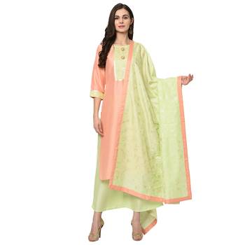 Women's Peach Foil Print Straight Polysilk Kurta Dupatta Palazzo Set 1