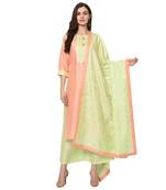 Women's Peach Foil Print Straight Polysilk Kurta Dupatta Palazzo Set