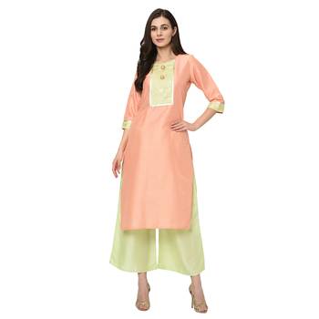 Women's Peach Foil Print Straight Polysilk Kurta Dupatta Palazzo Set 2