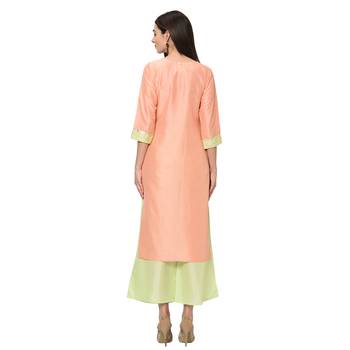 Women's Peach Foil Print Straight Polysilk Kurta Dupatta Palazzo Set 3