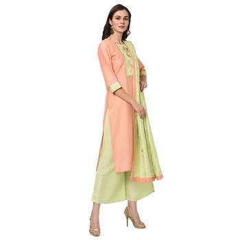 Women's Peach Foil Print Straight Polysilk Kurta Dupatta Palazzo Set 4