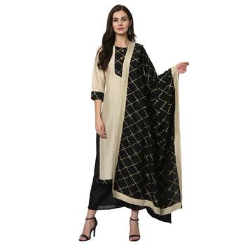 Women's Cream Foil Print Straight Polysilk Kurta Dupatta Palazzo Set 1